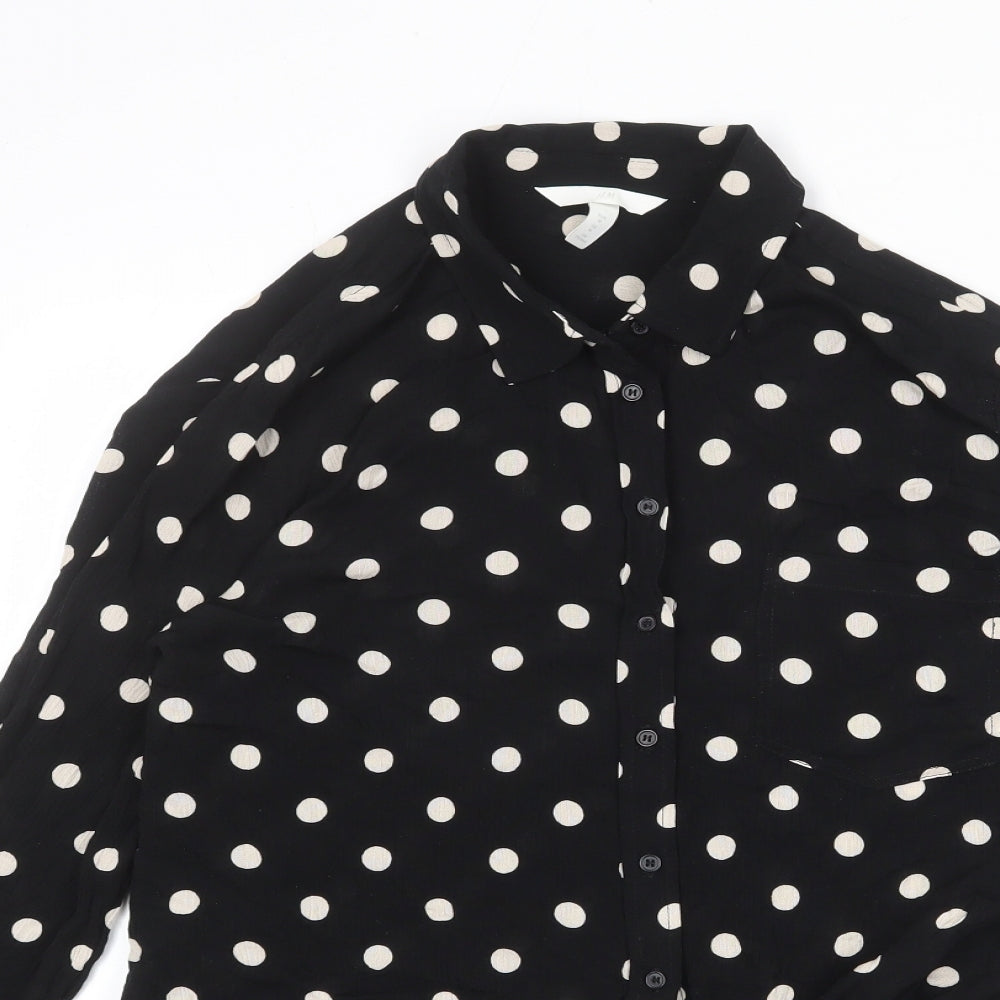 H&M Womens Black Polka Dot Viscose Basic Button-Up Size M Collared - Tie Front Detail