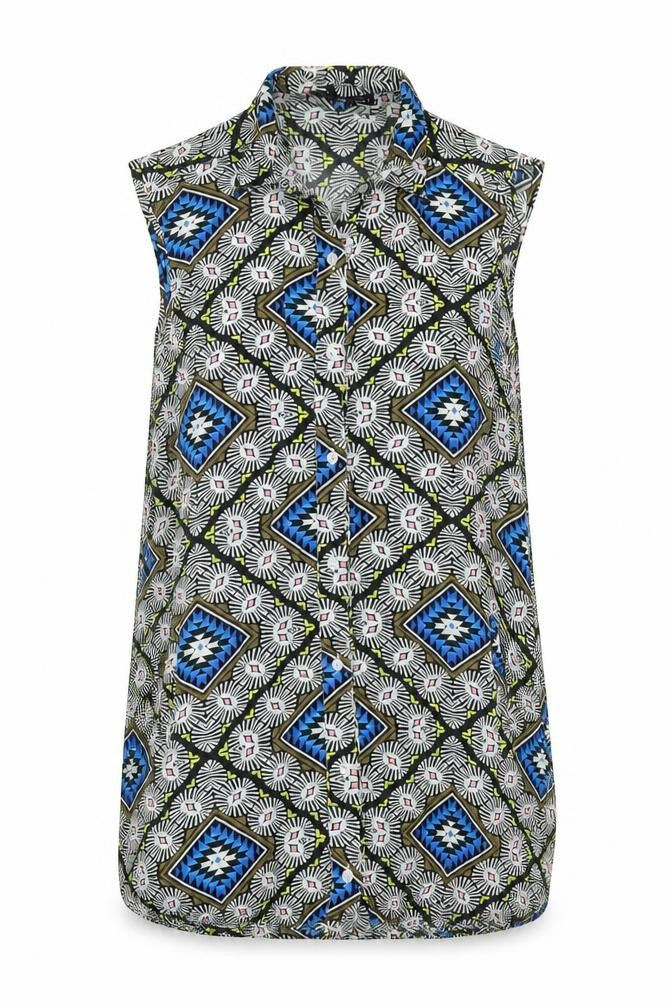 Front view of Daisy Street women’s multicoloured geometric viscose shift, size UK 8, collared button