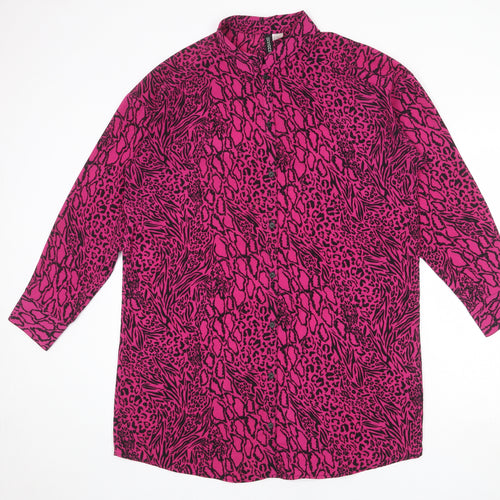 Divided by H&M Womens Pink Animal Print Polyester Shirt Dress Size 14 Collared Button - Leopard pattern