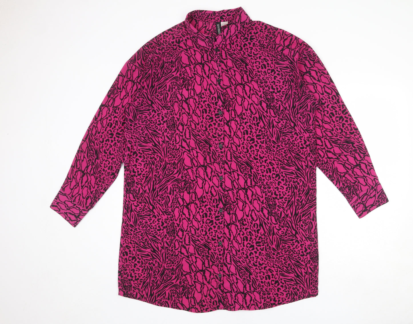 Divided by H&M Womens Pink Animal Print Polyester Shirt Dress Size 14 Collared Button - Leopard pattern
