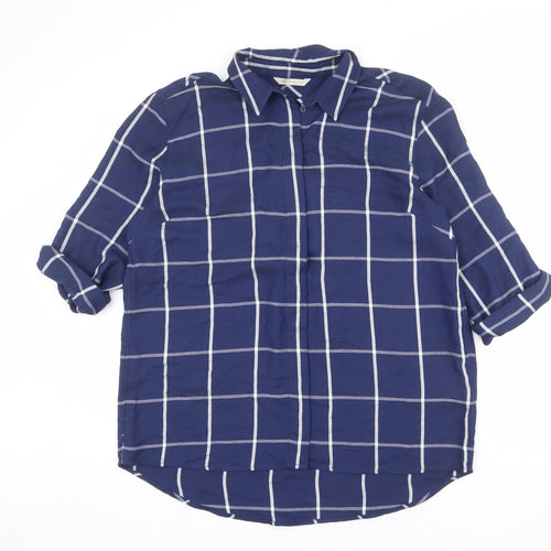Marks and Spencer Womens Blue Check Viscose Basic Button-Up Size 14 Collared