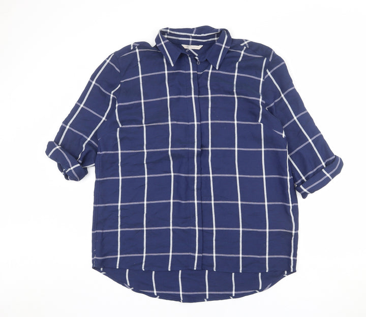 Marks and Spencer Womens Blue Check Viscose Basic Button-Up Size 14 Collared