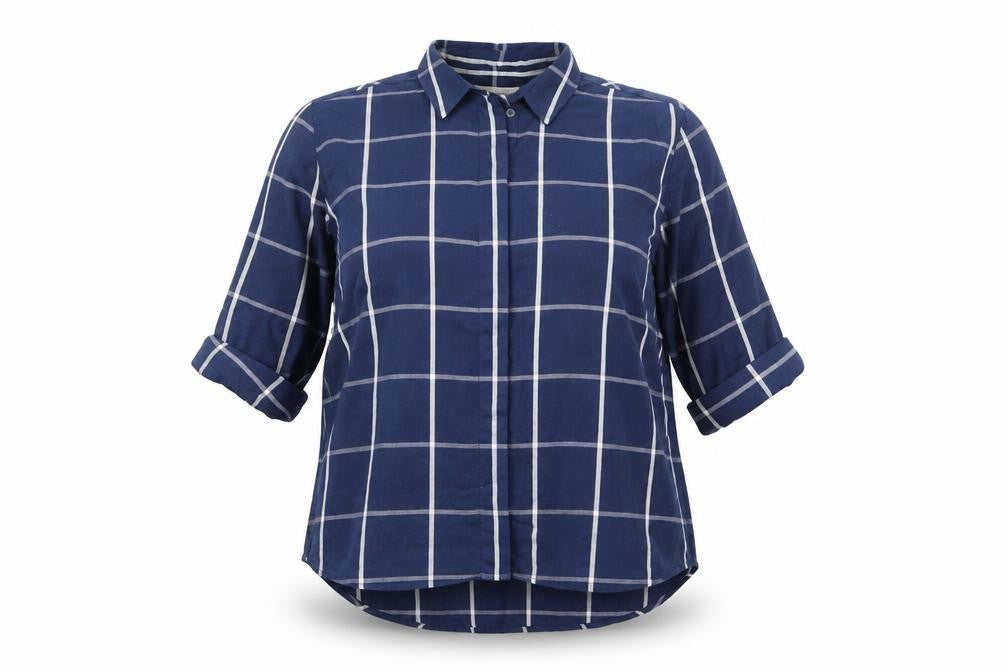 Front view of Marks & Spencer women’s blue check viscose basic button-up, size UK 14, collared