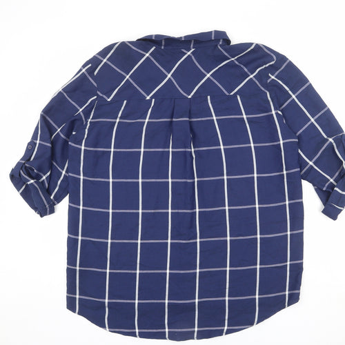 Marks and Spencer Womens Blue Check Viscose Basic Button-Up Size 14 Collared