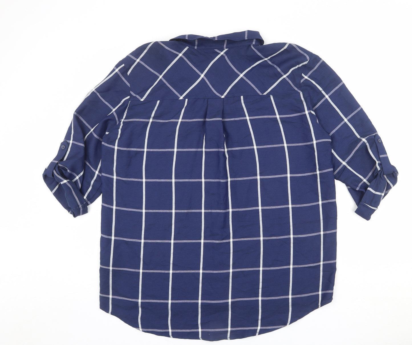 Marks and Spencer Womens Blue Check Viscose Basic Button-Up Size 14 Collared