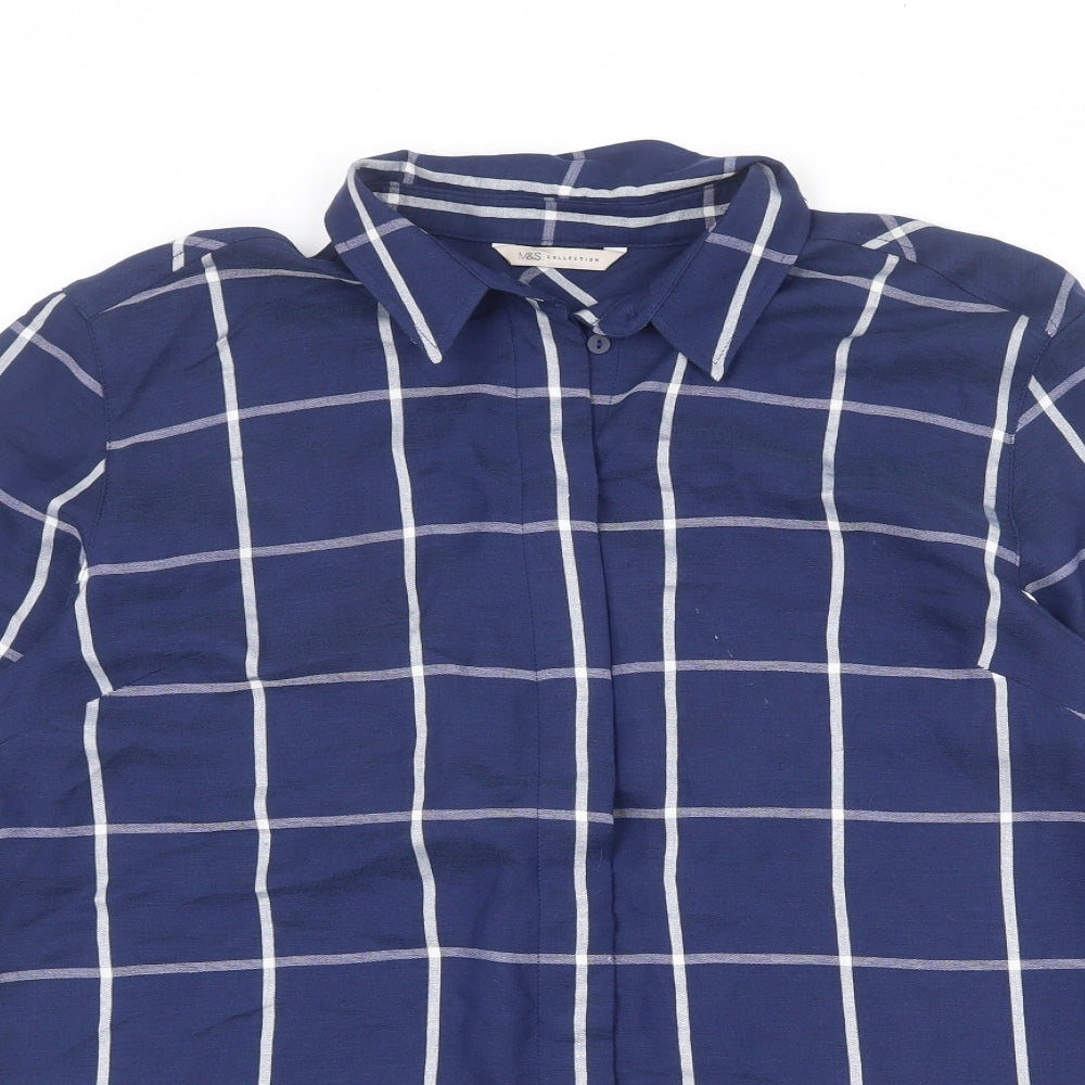 Marks and Spencer Womens Blue Check Viscose Basic Button-Up Size 14 Collared