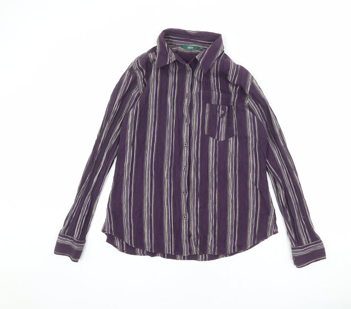 Marks and Spencer Womens Purple Striped Cotton Basic Button-Up Size 12 Collared