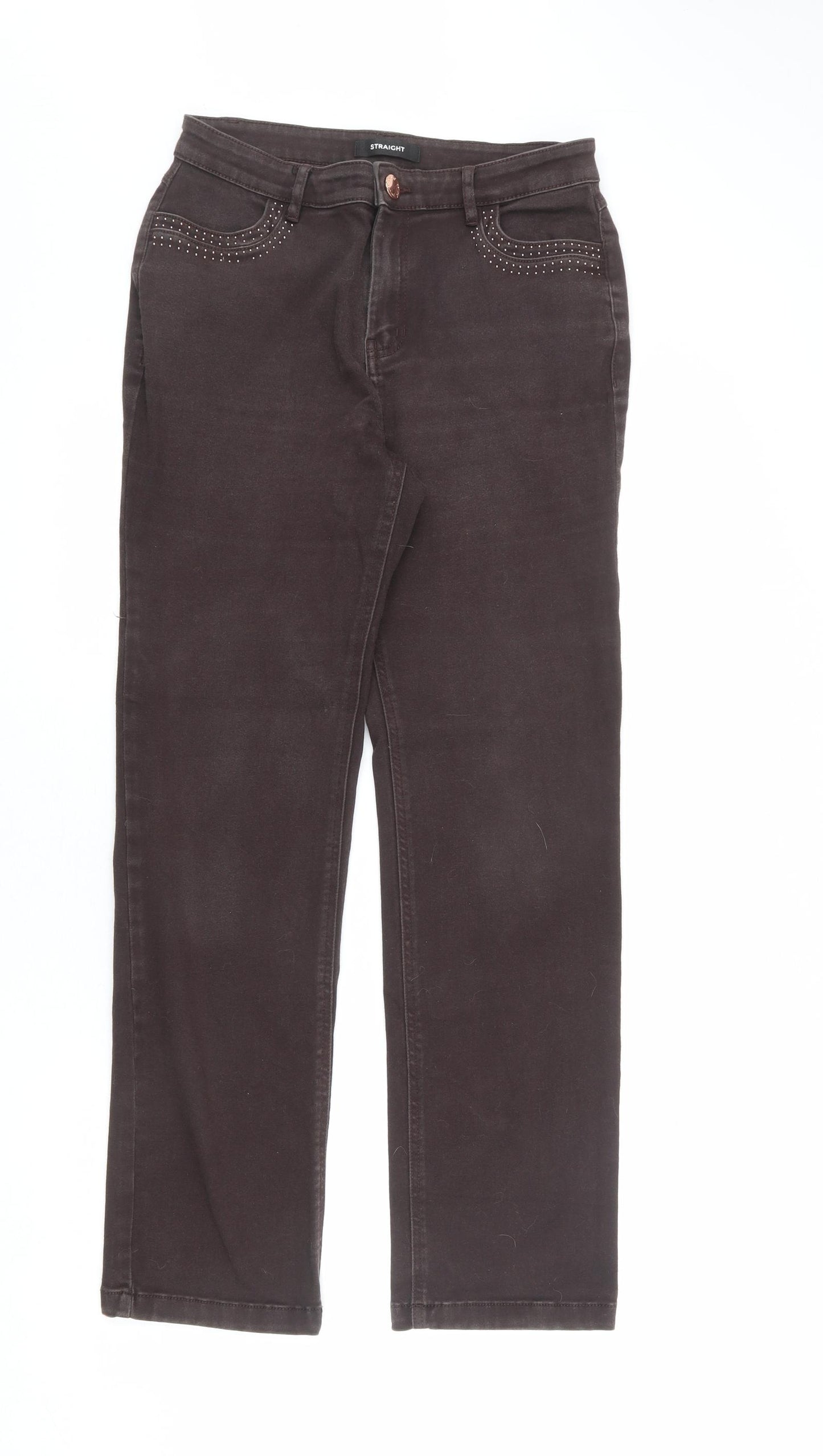 Per Una Womens Brown Cotton Straight Jeans Size 12 L30 in Regular Zip - Embellished Pockets