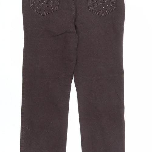 Per Una Womens Brown Cotton Straight Jeans Size 12 L30 in Regular Zip - Embellished Pockets