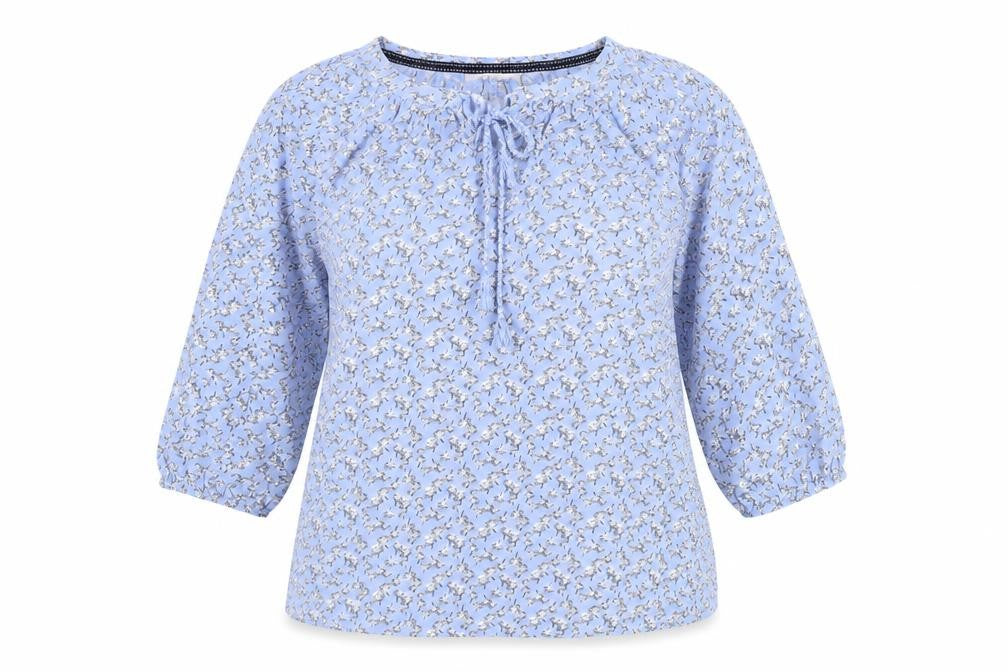 Front view of Autonomy women’s blue floral viscose basic blouse, size M, v-neck