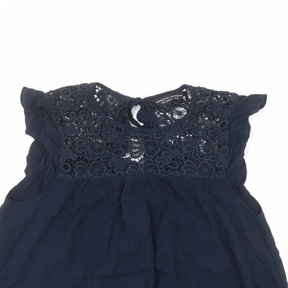 Dorothy Perkins Womens Blue Viscose Basic Blouse Size 12 Round Neck - Crocheted Lace Detail