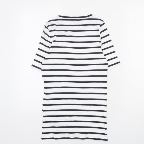 Marks and Spencer Womens White Striped 100% Cotton Basic T-Shirt Size 8 Round Neck