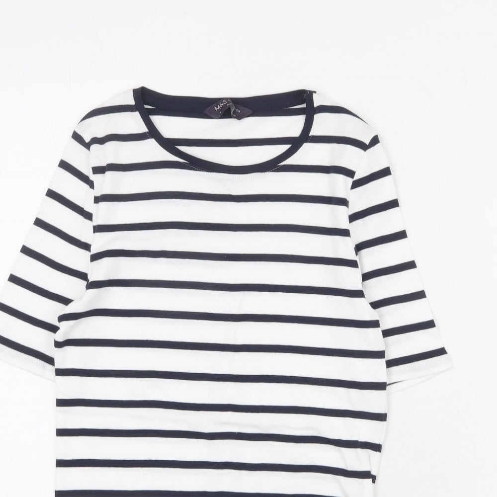 Marks and Spencer Womens White Striped 100% Cotton Basic T-Shirt Size 8 Round Neck
