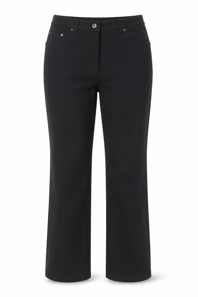 Front view of Bisón women’s black polyester trousers, size UK 12, 31-inch leg regular zip