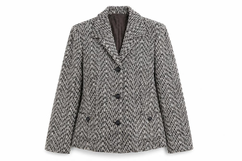 Front view of Oscar B women’s brown geometric wool jacket blazer, size UK 14