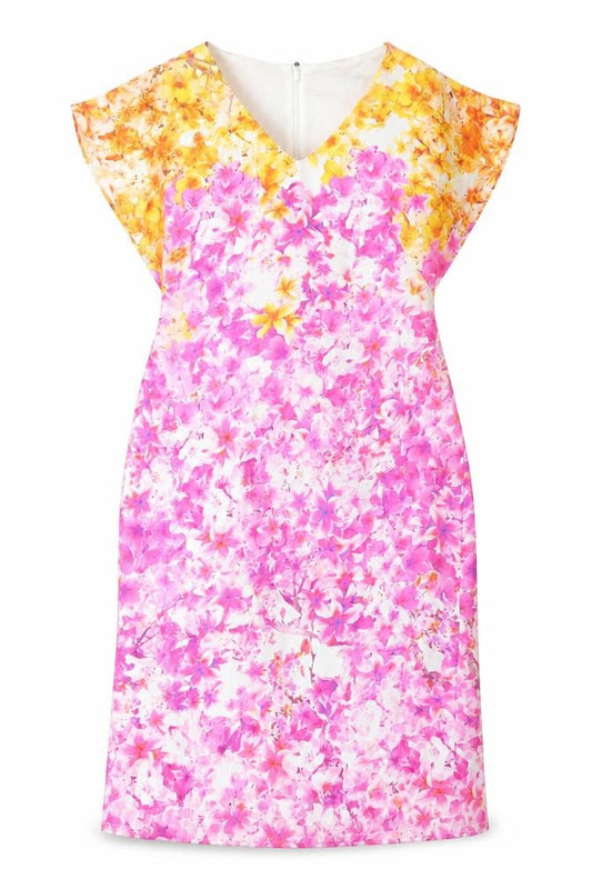 Front view of Damsel in a Dress women’s multicoloured floral polyester sheath, size UK 12, v-neck zip