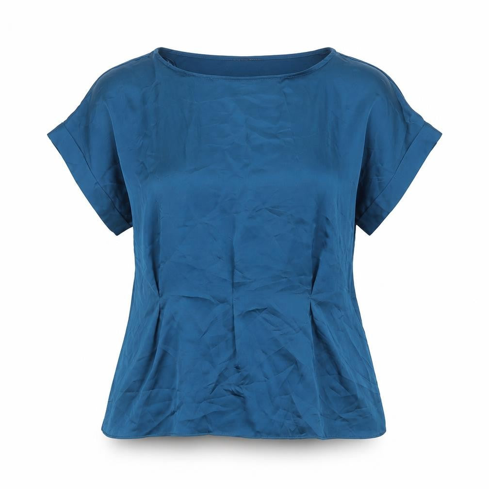 Front view of Marks & Spencer women’s blue viscose basic blouse, size UK 12, round neck