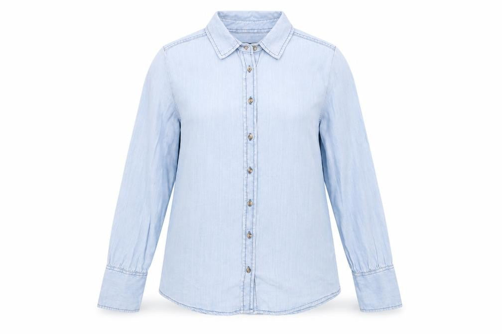 Front view of Marks & Spencer women’s blue lyocell basic button-up, size UK 10, collared