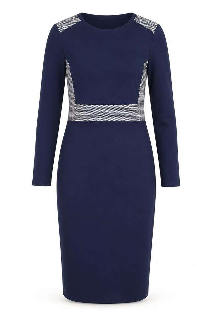 Front view of Limited Edition women’s blue geometric viscose sheath, size UK 8, round neck pullover