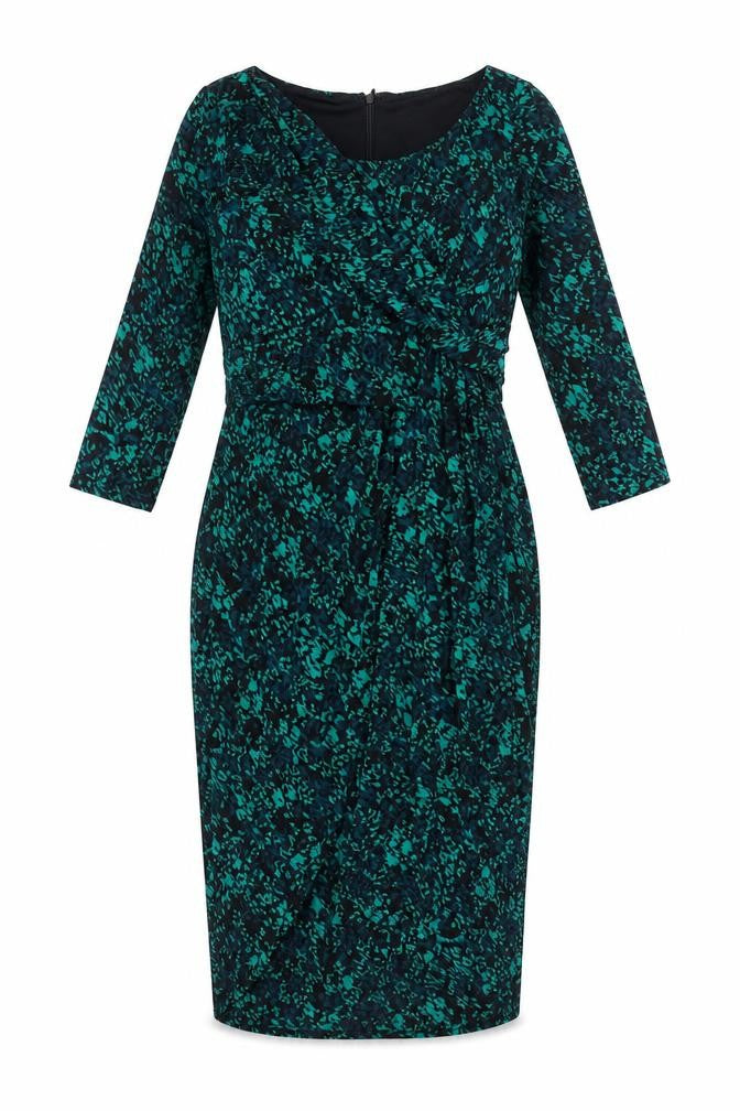 Front view of Per Una women’s multicoloured geometric polyester sheath, size UK 8, boat neck zip
