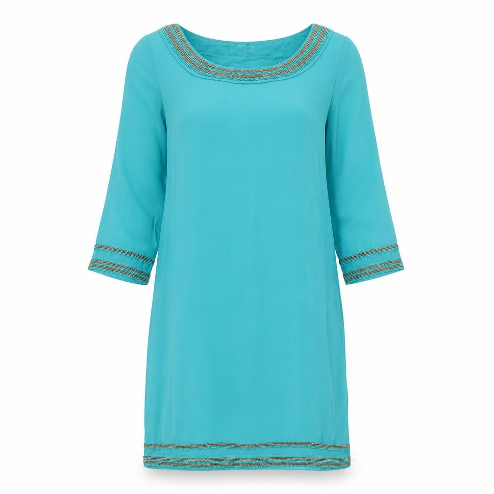 Front view of Monsoon women’s green polyester shift, size UK 8, boat neck pullover - embellished