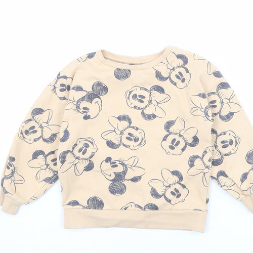 Disney Girls Beige Geometric Cotton Pullover Sweatshirt Size 7 Years Pullover - Minnie Mouse