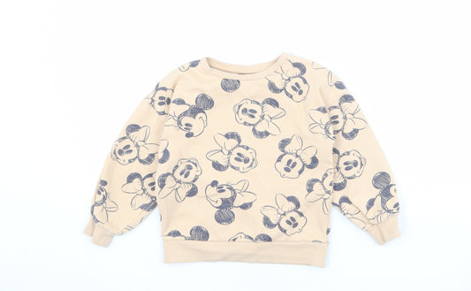 Front view of Disney girls’ beige geometric cotton pullover sweatshirt, size 7, years pullover - minnie mouse