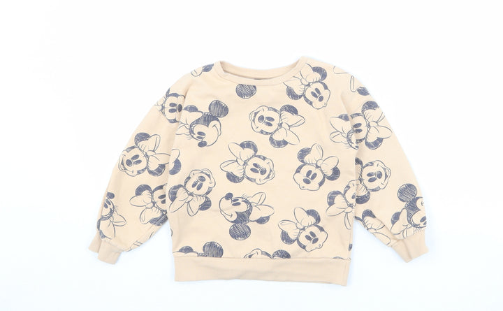 Disney Girls Beige Geometric Cotton Pullover Sweatshirt Size 7 Years Pullover - Minnie Mouse