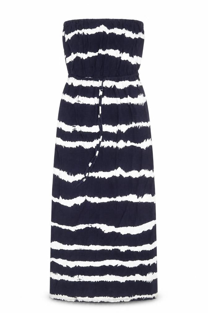 Front view of Monsoon women’s blue striped viscose maxi, size S, square neck pullover - strapless