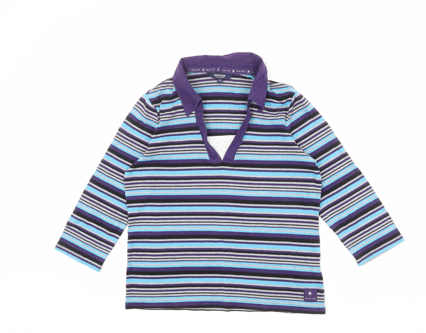Maine New England Womens Multicoloured Striped 100% Cotton Basic T-Shirt Size 14 Collared