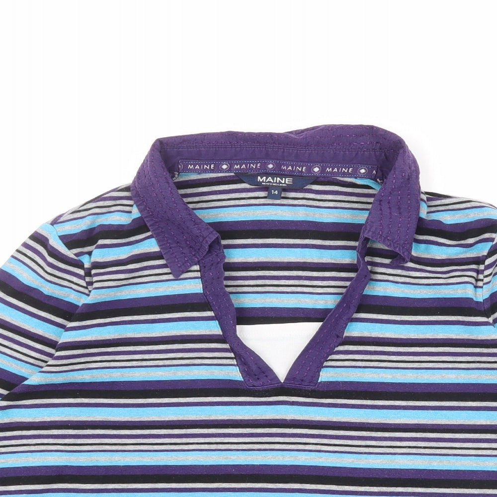 Maine New England Womens Multicoloured Striped 100% Cotton Basic T-Shirt Size 14 Collared