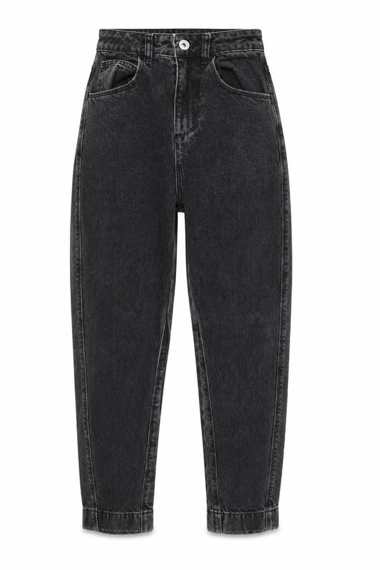 Front view of Collusion women’s grey cotton mom jeans, size UK 25, in, 30-inch leg regular zip