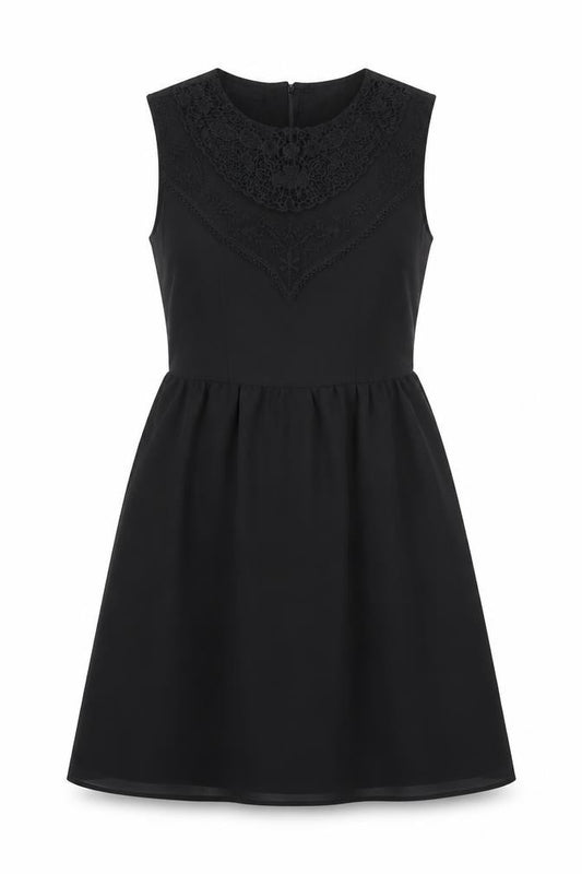 Front view of Divided by H&M women’s black polyester a-line, size UK 8, round neck zip - crochet detail