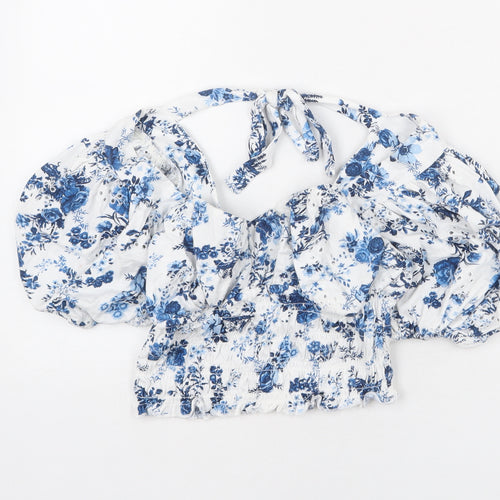 ASOS Womens White Floral Cotton Cropped Blouse Size 10 V-Neck