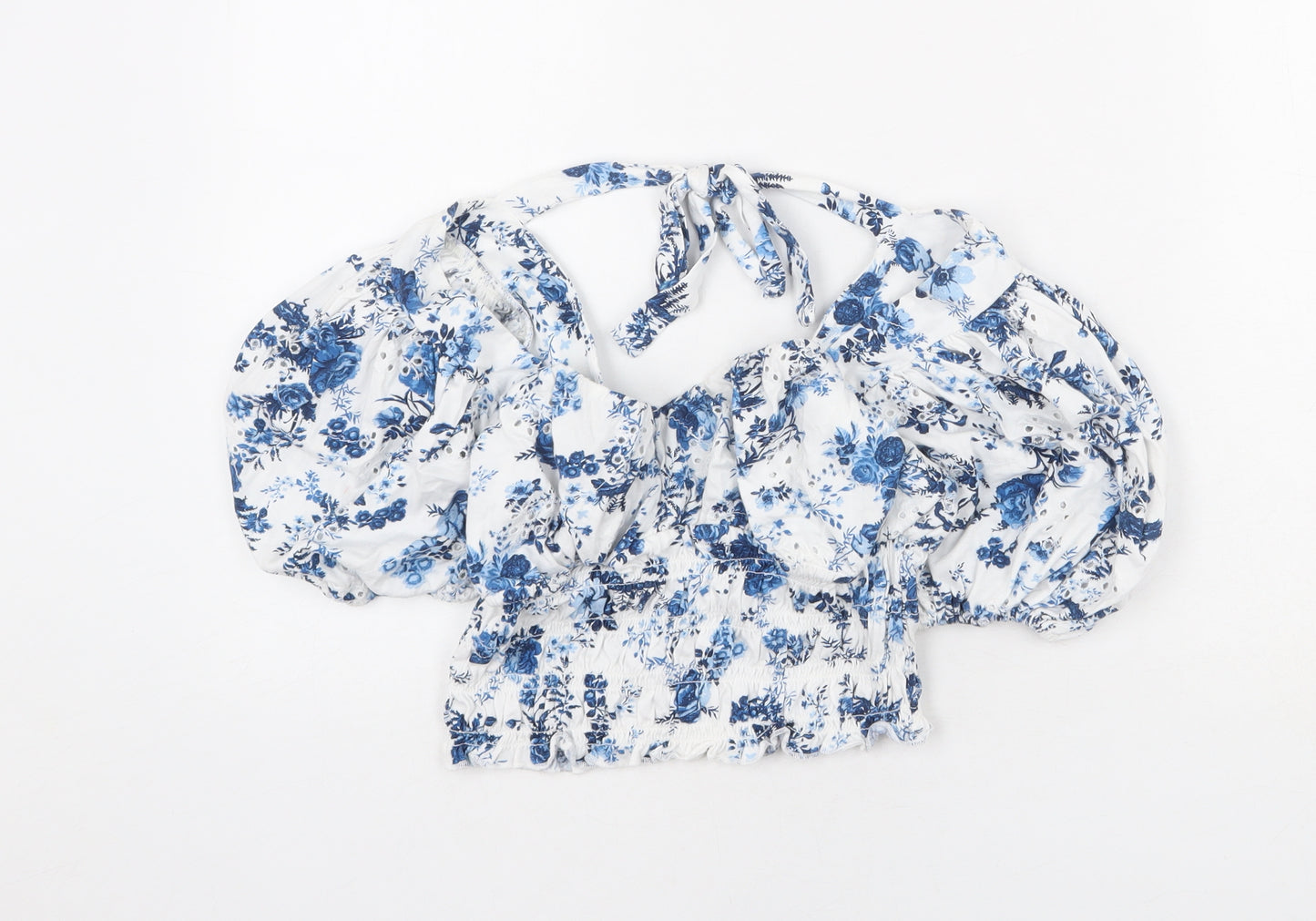 ASOS Womens White Floral Cotton Cropped Blouse Size 10 V-Neck