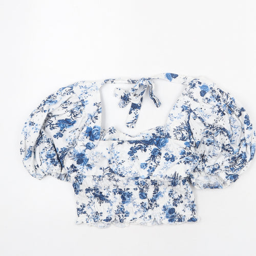 ASOS Womens White Floral Cotton Cropped Blouse Size 10 V-Neck