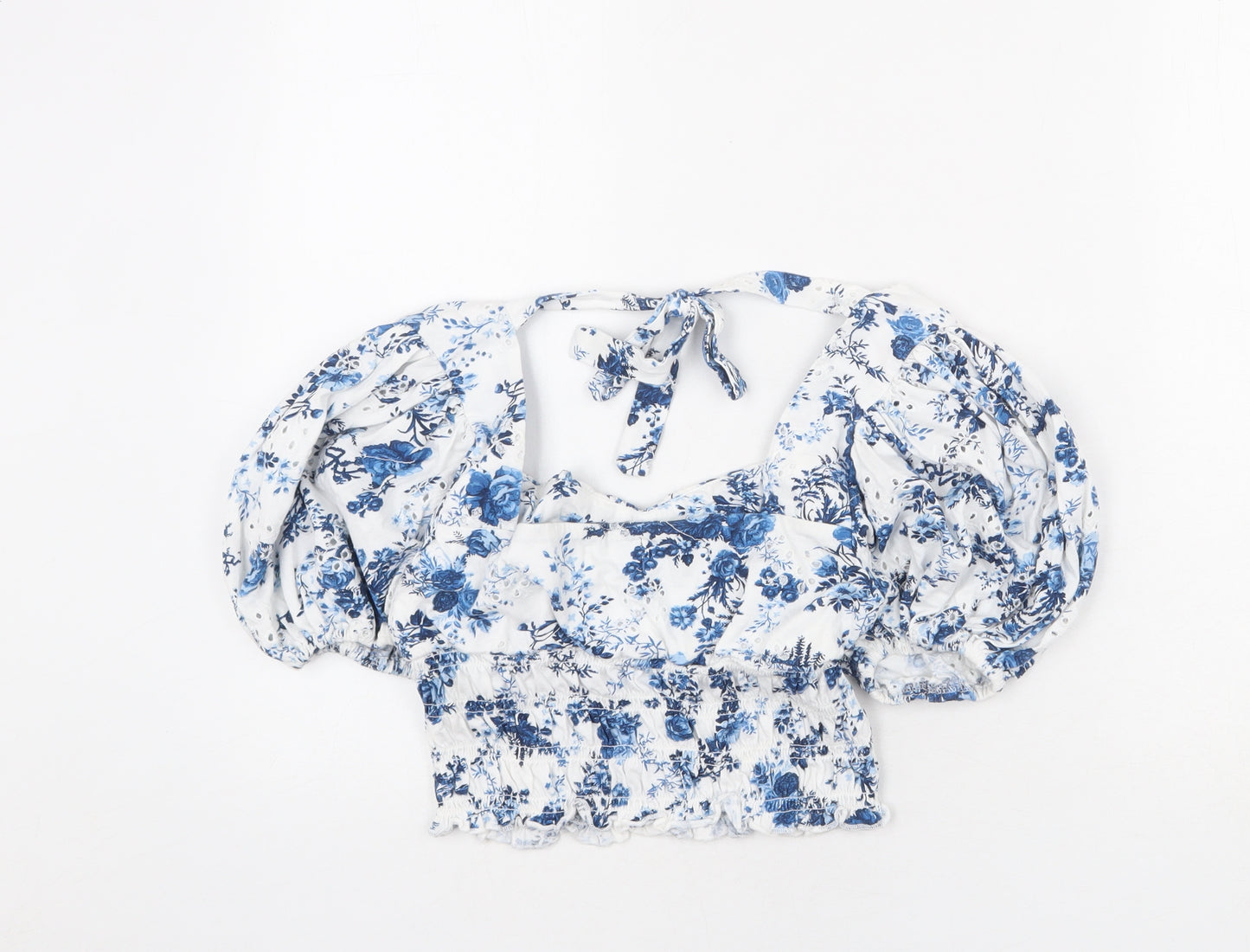 ASOS Womens White Floral Cotton Cropped Blouse Size 10 V-Neck