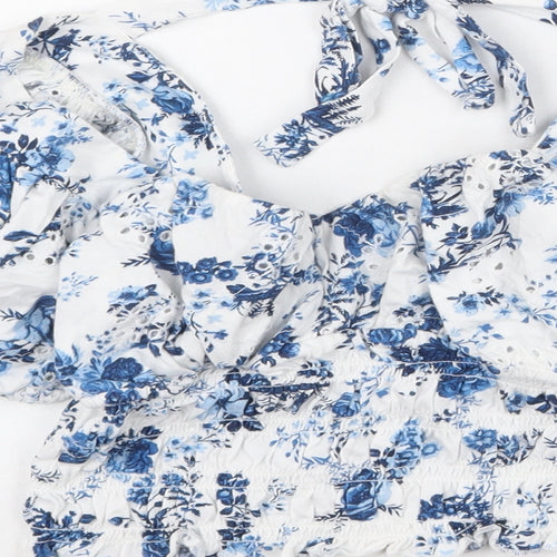 ASOS Womens White Floral Cotton Cropped Blouse Size 10 V-Neck