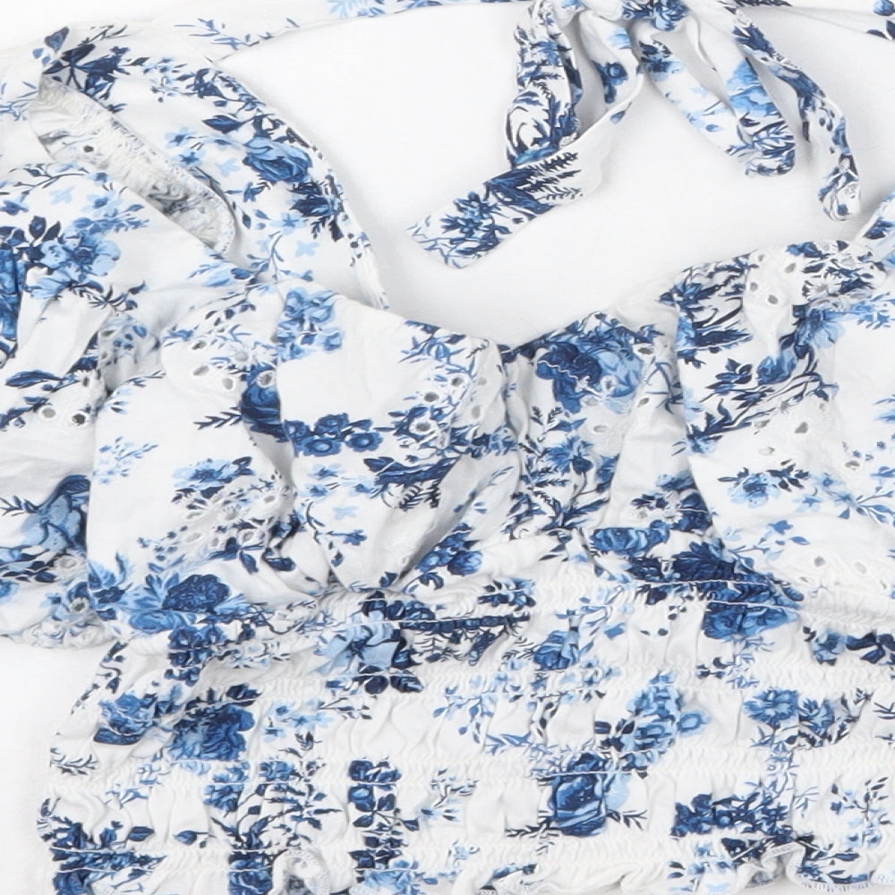 ASOS Womens White Floral Cotton Cropped Blouse Size 10 V-Neck
