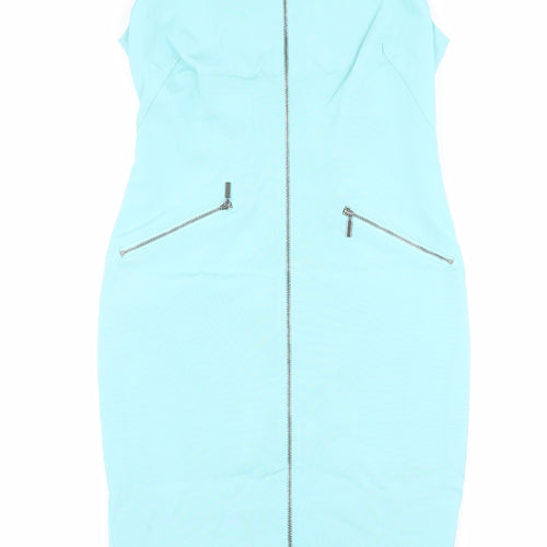 Per Una Womens Blue Acetate Shift Size 8 Round Neck Zip