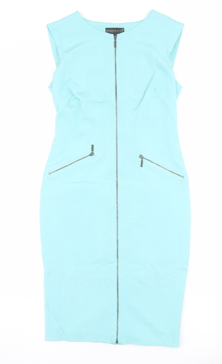 Per Una Womens Blue Acetate Shift Size 8 Round Neck Zip