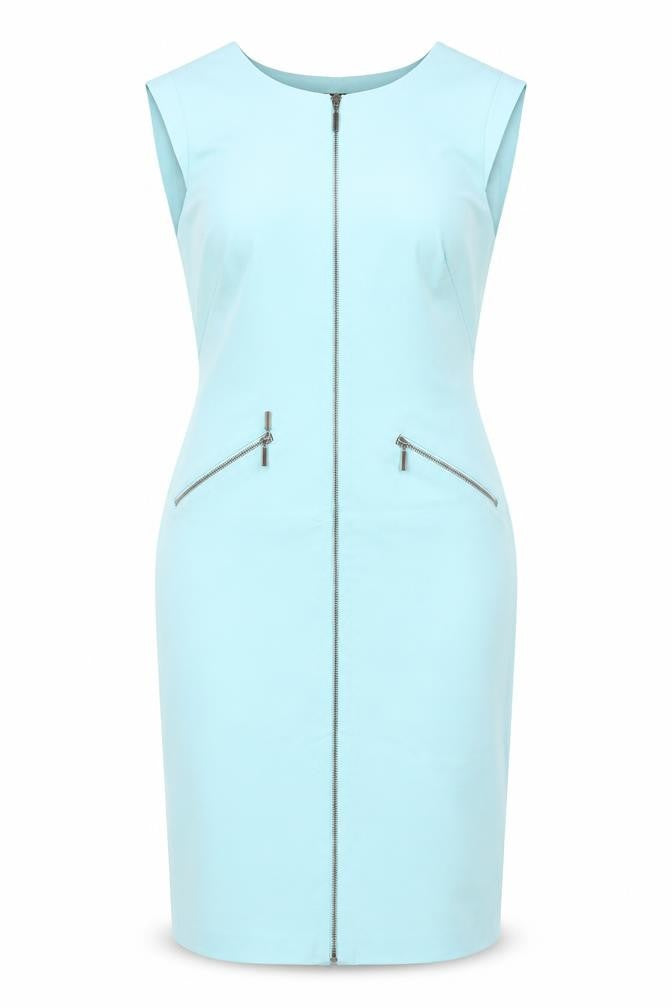 Front view of Per Una women’s blue acetate shift, size UK 8, round neck zip