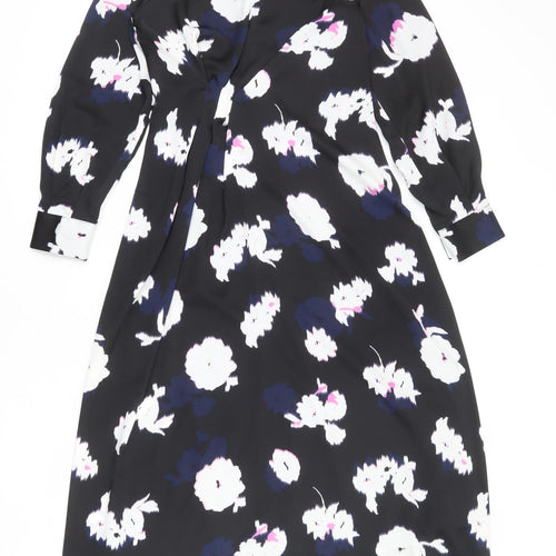 Marks and Spencer Womens Black Floral Polyester A-Line Size 8 V-Neck Zip