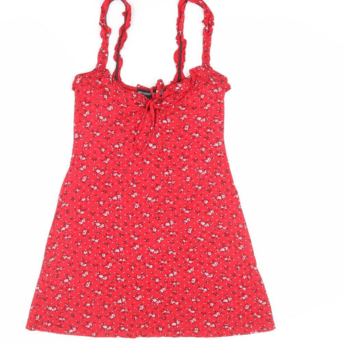 PRETTYLITTLETHING Womens Red Floral Viscose Tank Dress Size 10 Round Neck Pullover