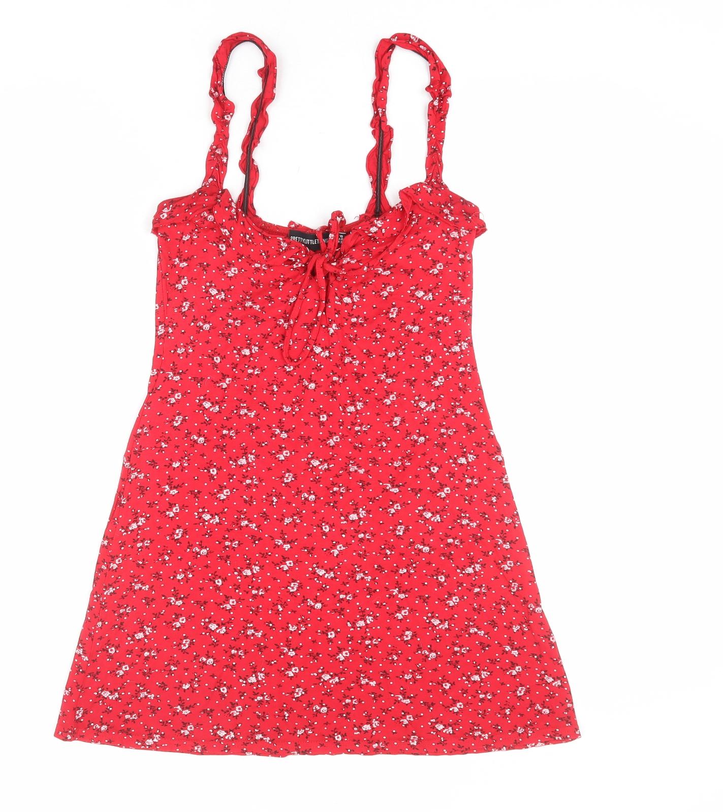PRETTYLITTLETHING Womens Red Floral Viscose Tank Dress Size 10 Round Neck Pullover