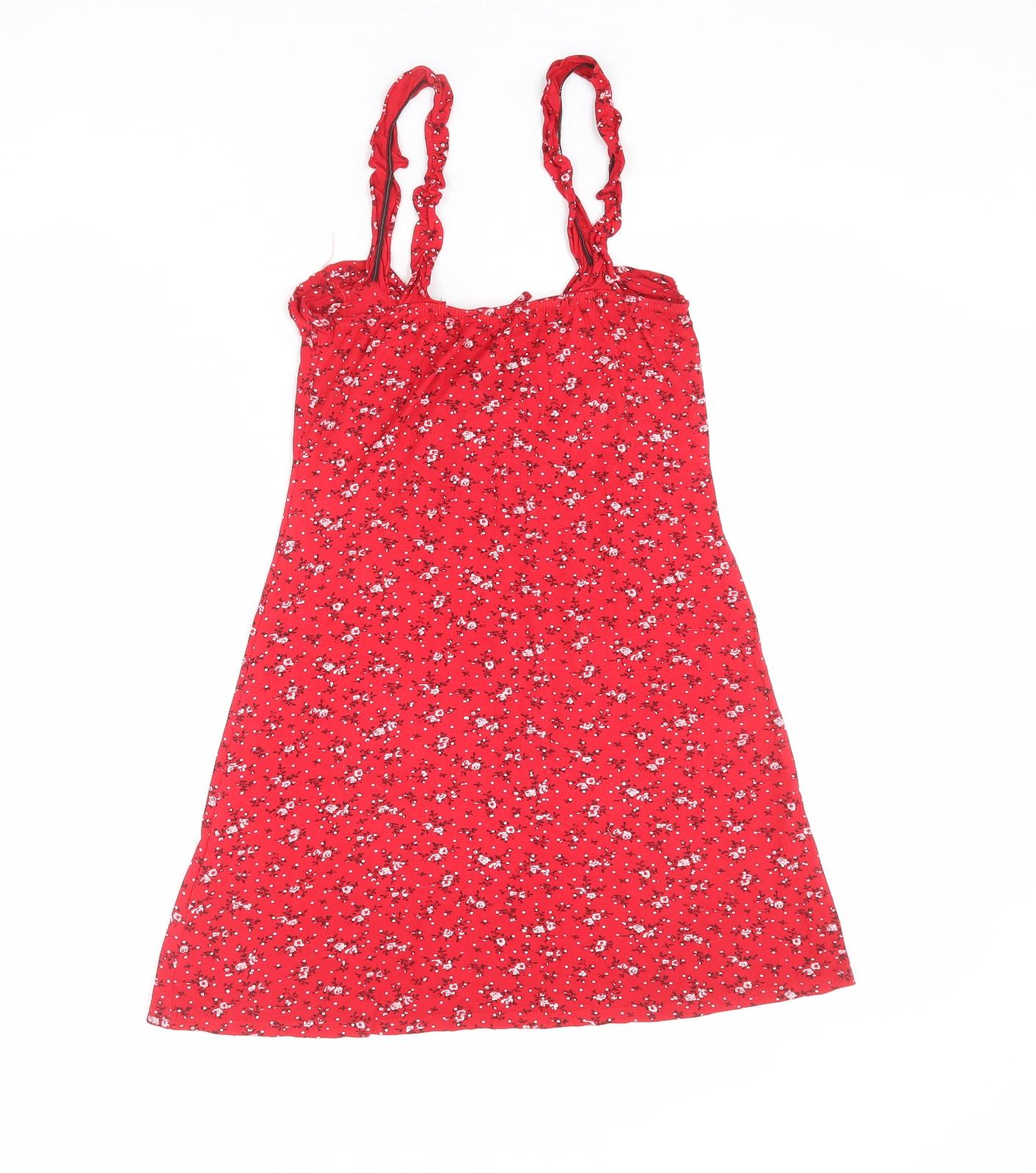 PRETTYLITTLETHING Womens Red Floral Viscose Tank Dress Size 10 Round Neck Pullover