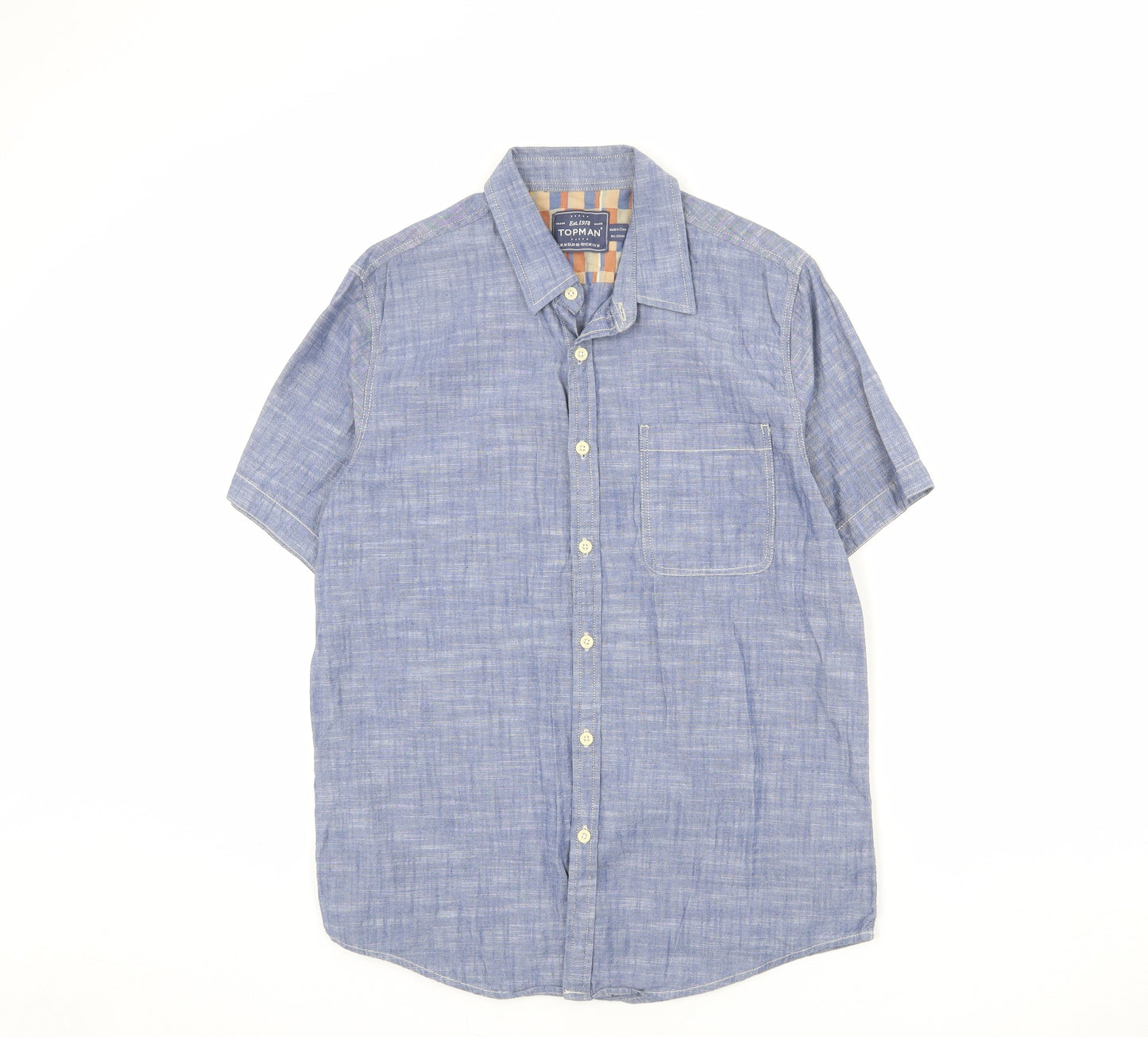 Topman Mens Blue Cotton Button-Up Size M Collared Button