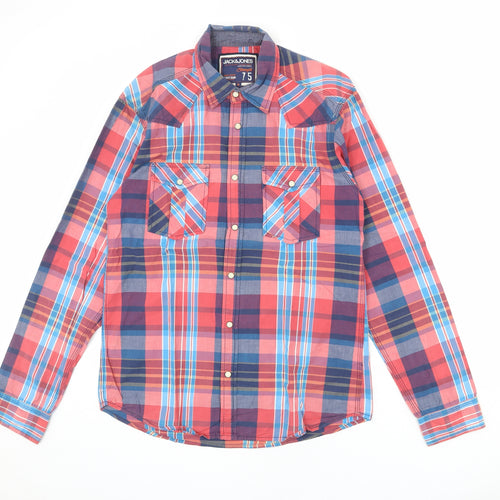 JACK & JONES Mens Multicoloured Plaid Cotton Button-Up Size M Collared Snap