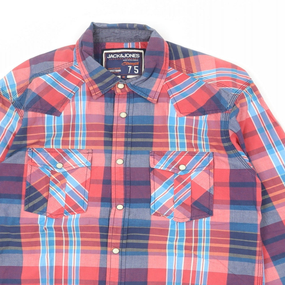 JACK & JONES Mens Multicoloured Plaid Cotton Button-Up Size M Collared Snap