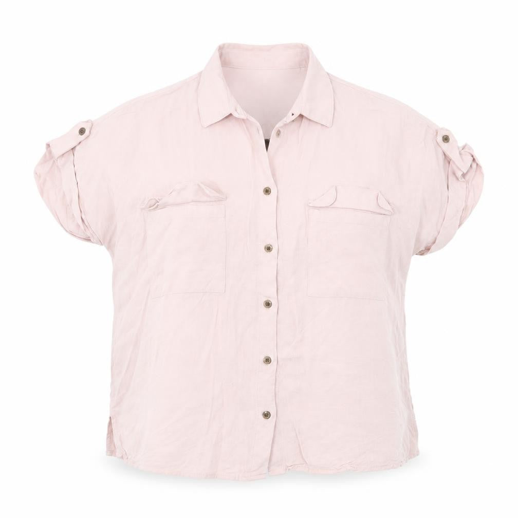 Front view of New Look women’s pink viscose basic button-up, size UK 10, collared